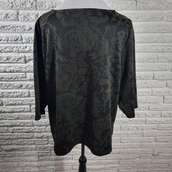 Rafaella Womens Top 2X Plus 3/4 Sleeve Green Roses Zip Shoulder FLO35E - Picture 6 of 9